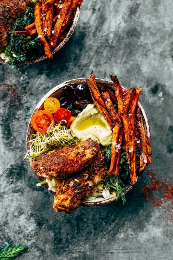 Crispy sweet potato fries, baked southwest chicken strips, creamy garlic avocado dipping sauce, and vibrant greens. Paleo, whole30, and gluten free. The whole family is going to love this meal! Put it on the table… and there will be none left. Easy whole30 dinner recipes. Whole30 recipes. Whole30 lunch. Whole30 recipes just for you. Whole30 meal planning. Whole30 meal prep. Healthy paleo meals. Healthy Whole30 recipes. Easy Whole30 recipes