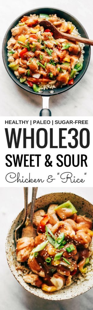 Healthy sweet and sour chicken with cauliflower rice. Paleo, whole30, and made without sugar! An easy weeknight dinner recipe, freezer friendly, and makes for fast meal prep! Whole30 meal plan that's quick and healthy! Whole30 recipes just for you. Whole30 meal planning. Whole30 meal prep. Healthy paleo meals. Healthy Whole30 recipes. Easy Whole30 recipes. Best paleo dinner recipes.