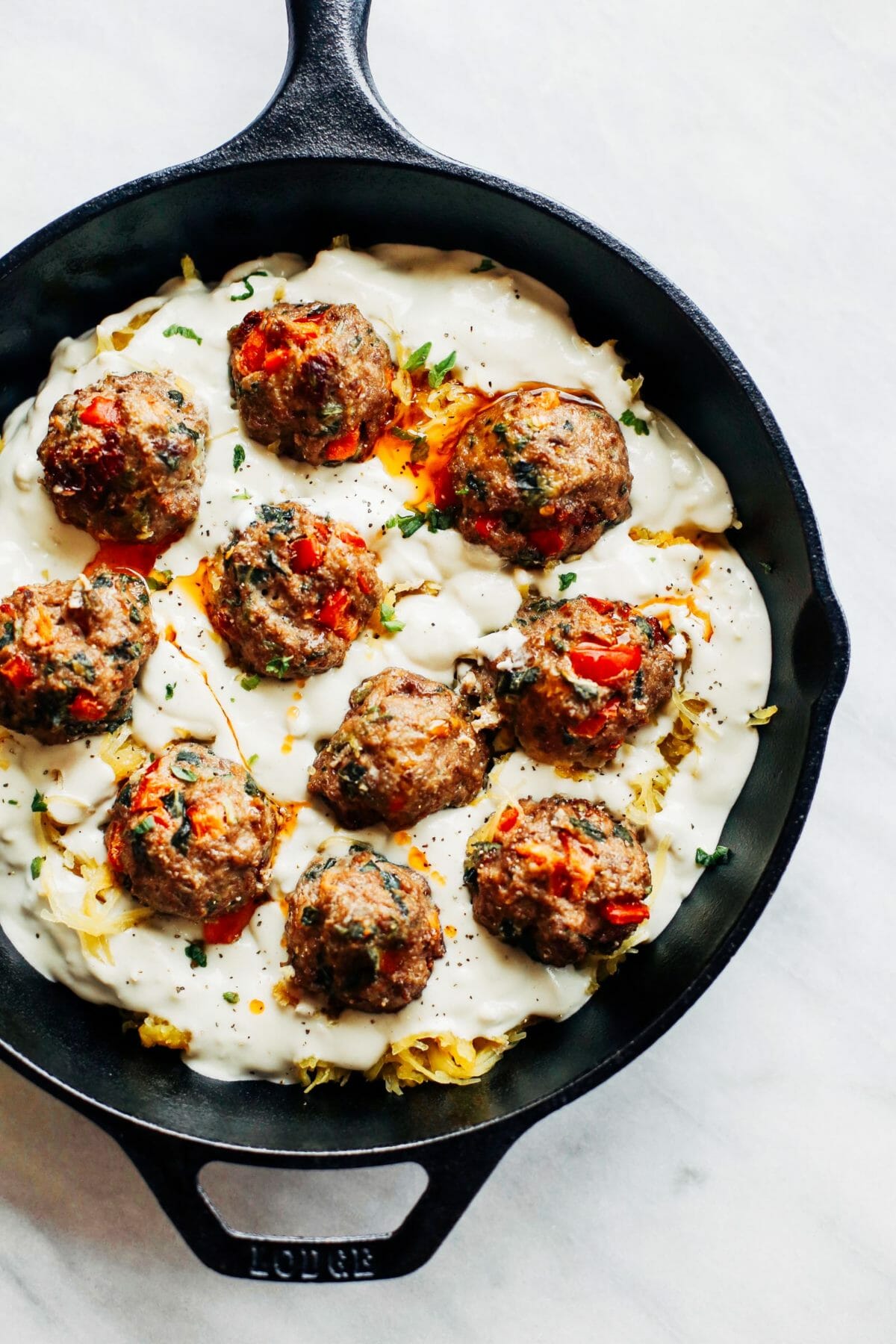 Paleo Spaghetti Squash Italian Meatball Alfredo - Paleo Gluten Free