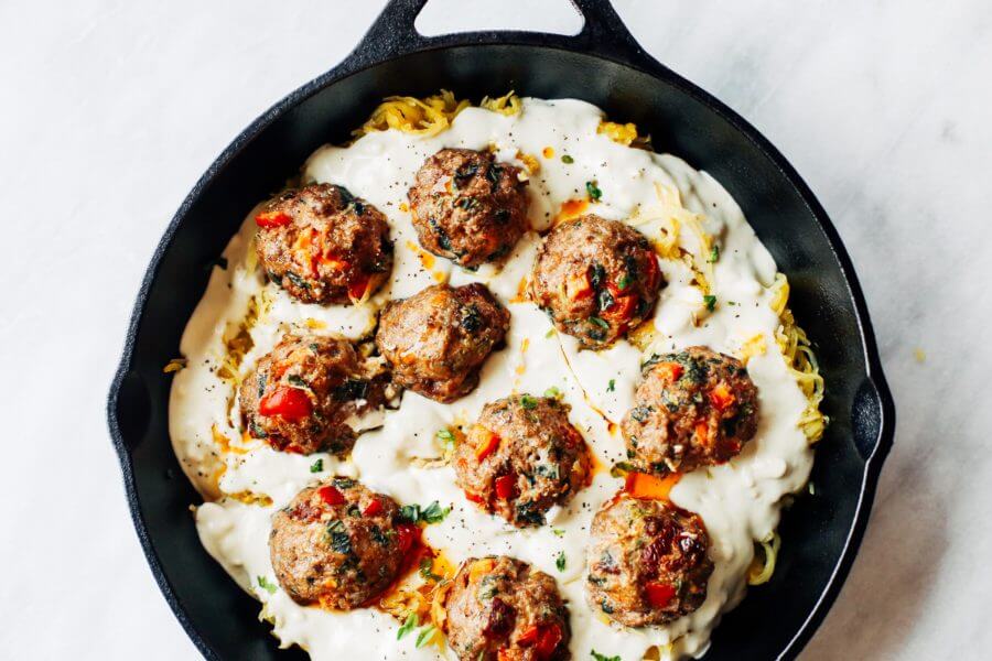 Paleo Spaghetti Squash Italian Meatball Alfredo