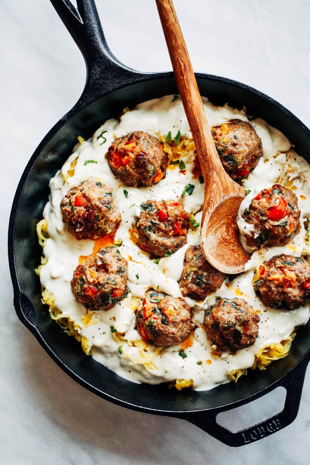 Paleo Spaghetti Squash Italian Meatball Alfredo - Paleo Gluten Free