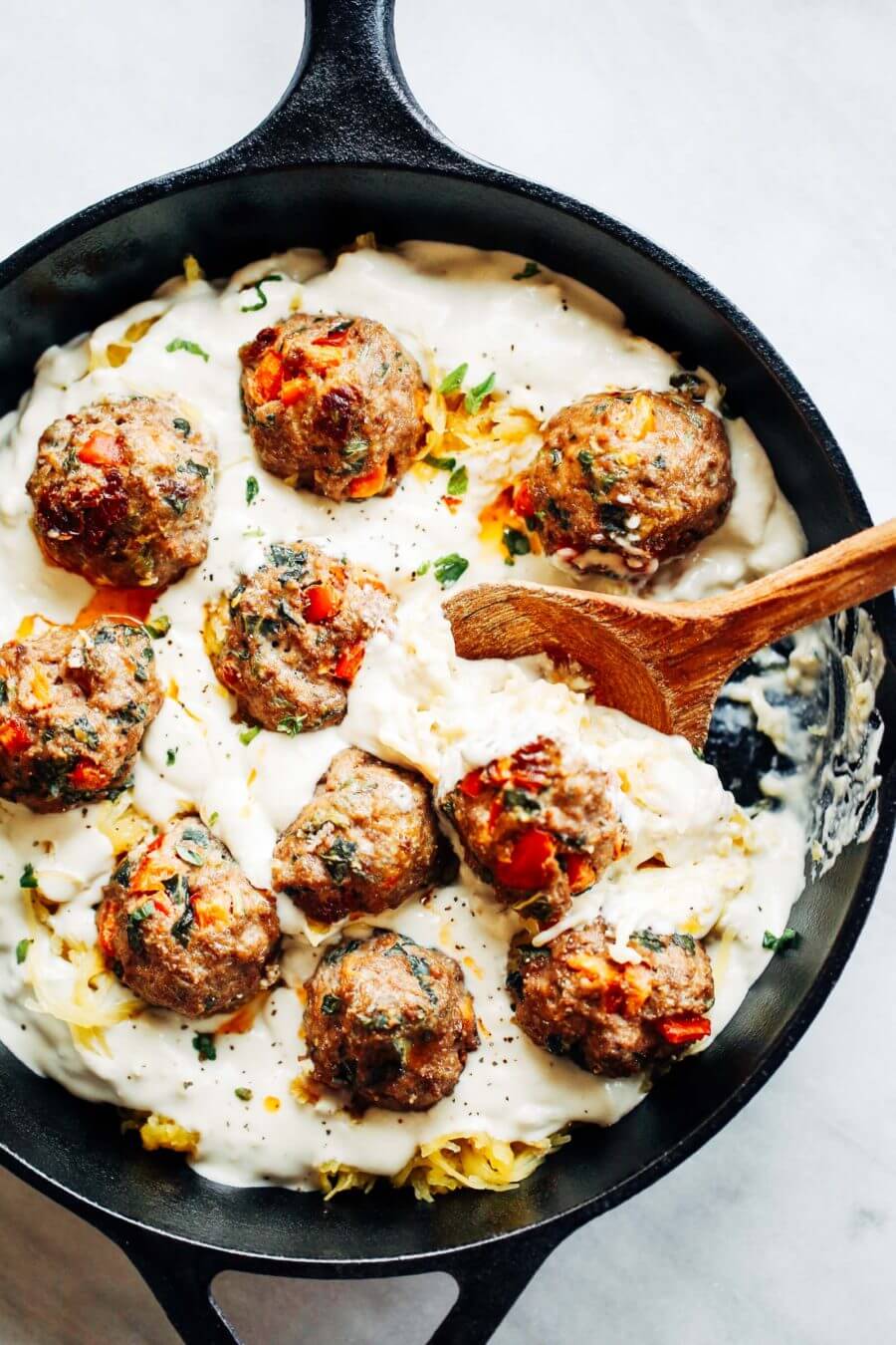 Paleo Spaghetti Squash Italian Meatball Alfredo - Paleo Gluten Free