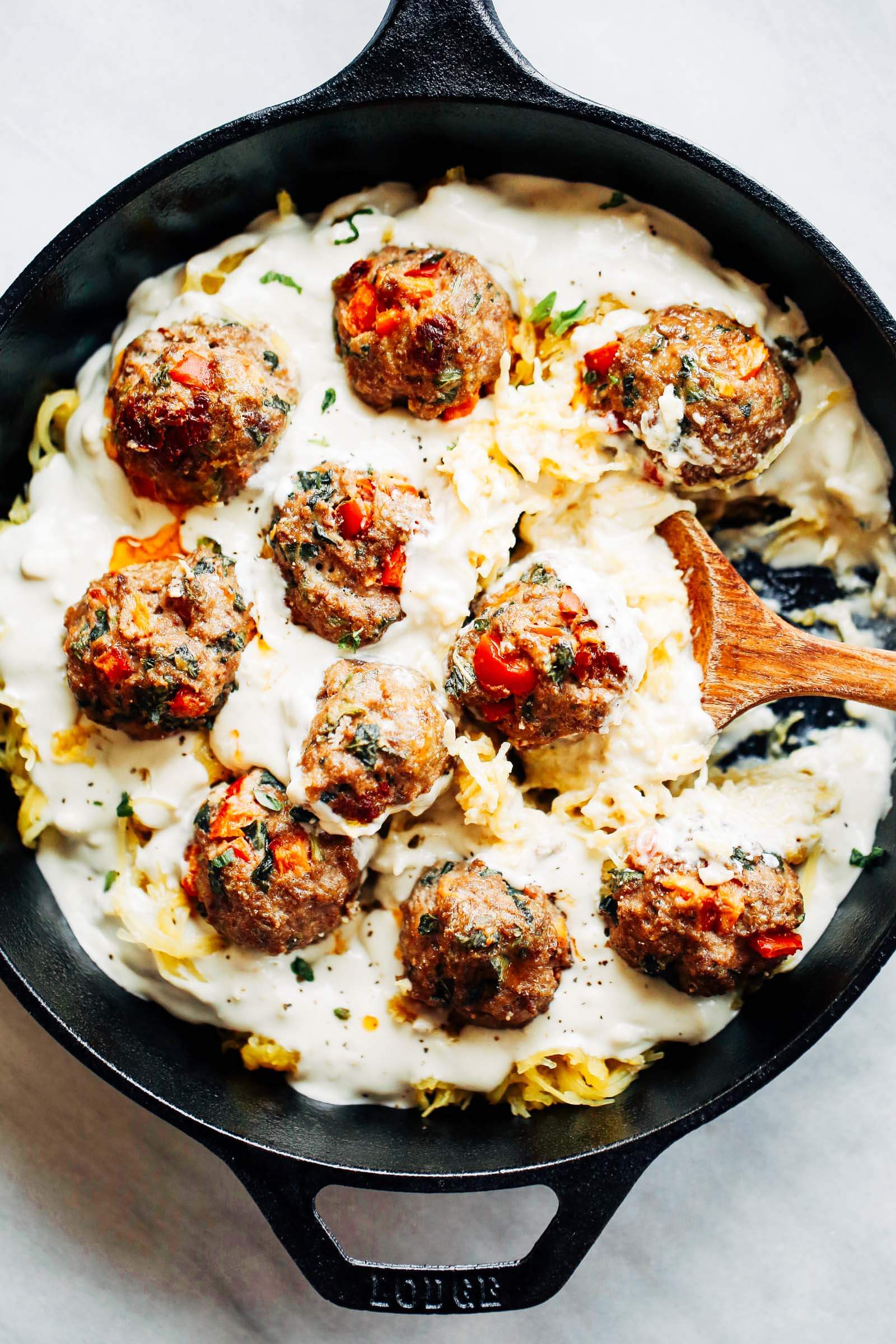 Paleo Spaghetti Squash Italian Meatball Alfredo - Paleo Gluten Free