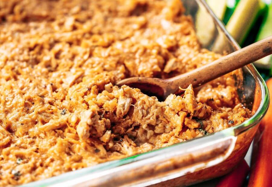 Creamy Buffalo Chicken Cauliflower Rice Bake