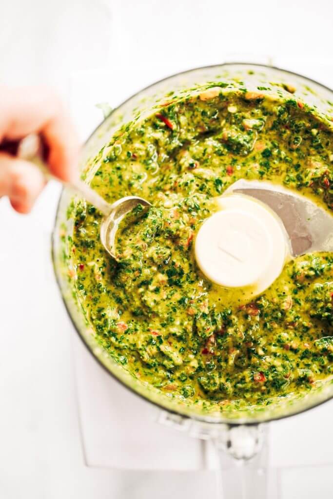 Zesty, fresh, and flavorful, cilantro garlic chimichurri with jalapeno pepper. Perfect for marinating chicken, beef, or topping off sweet potato fries and salads! Made easy in the blender in five minutes. Paleo, gluten free, and whole30 friendly. Easy whole30 dinner recipes. Whole30 recipes. Whole30 lunch. Whole30 recipes just for you. Whole30 meal planning. Whole30 meal prep. Healthy paleo meals. Healthy Whole30 recipes. Easy Whole30 recipes