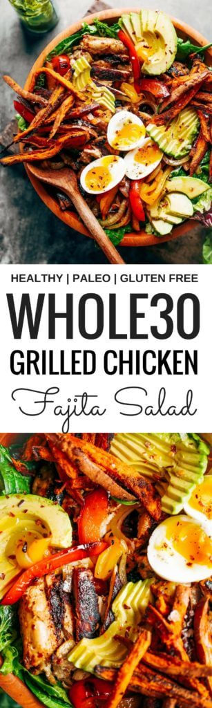 Grilled Garlic Lime Chicken Fajita Salad loaded with crispy sweet potato fries, grilled chicken, and topped with creamy avocado dressing made in the blender! Paleo, whole30, and makes for easy meal prep! Whole30 meal plan that's quick and healthy! Whole30 recipes just for you. Whole30 meal planning. Whole30 meal prep. Healthy paleo meals. Healthy Whole30 recipes. Easy Whole30 recipes. Best paleo dinner recipes.