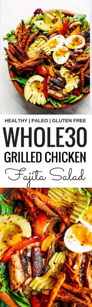 Grilled Garlic Lime Chicken Fajita Salad loaded with crispy sweet potato fries, grilled chicken, and topped with creamy avocado dressing made in the blender! Paleo, whole30, and makes for easy meal prep! Whole30 meal plan that's quick and healthy! Whole30 recipes just for you. Whole30 meal planning. Whole30 meal prep. Healthy paleo meals. Healthy Whole30 recipes. Easy Whole30 recipes. Best paleo dinner recipes.