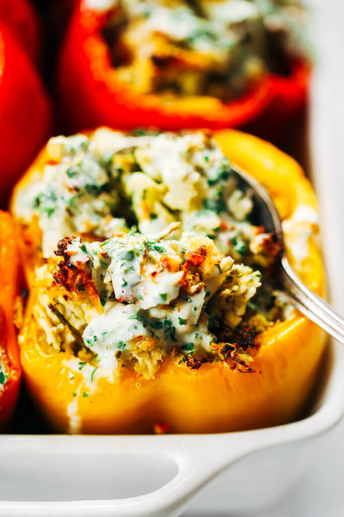 Ranch stuffed bell peppers. A quick whole30 and paleo meal for the whole family! Stuffed with cauliflower rice, shredded chicken, spicy jalapeno and cilantro sauce. Easy whole30 dinner recipes. Easy whole30 dinner recipes. Whole30 recipes. Whole30 lunch. Whole30 meal planning. Whole30 meal prep. Healthy paleo meals. Healthy Whole30 recipes. Easy Whole30 recipes. Easy whole30 dinner recipes.