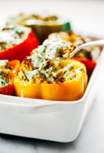 Ranch stuffed bell peppers. A quick whole30 and paleo meal for the whole family! Stuffed with cauliflower rice, shredded chicken, spicy jalapeno and cilantro sauce. Easy whole30 dinner recipes. Easy whole30 dinner recipes. Whole30 recipes. Whole30 lunch. Whole30 meal planning. Whole30 meal prep. Healthy paleo meals. Healthy Whole30 recipes. Easy Whole30 recipes. Easy whole30 dinner recipes.