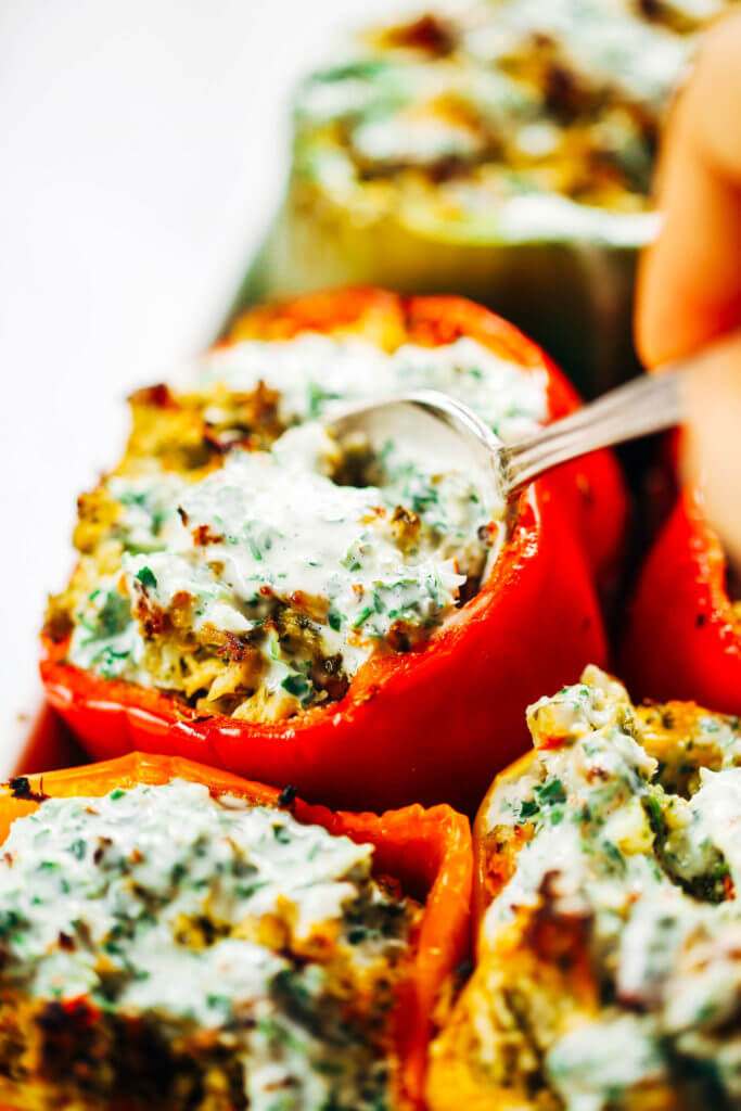 Ranch stuffed bell peppers. A quick whole30 and paleo meal for the whole family! Stuffed with cauliflower rice, shredded chicken, spicy jalapeno and cilantro sauce. Easy whole30 dinner recipes. Easy whole30 dinner recipes. Whole30 recipes. Whole30 lunch. Whole30 meal planning. Whole30 meal prep. Healthy paleo meals. Healthy Whole30 recipes. Easy Whole30 recipes. Easy whole30 dinner recipes.
