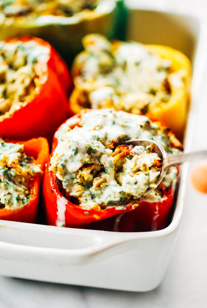 Ranch stuffed bell peppers. A quick whole30 and paleo meal for the whole family! Stuffed with cauliflower rice, shredded chicken, spicy jalapeno and cilantro sauce. Easy whole30 dinner recipes. Easy whole30 dinner recipes. Whole30 recipes. Whole30 lunch. Whole30 meal planning. Whole30 meal prep. Healthy paleo meals. Healthy Whole30 recipes. Easy Whole30 recipes. Easy whole30 dinner recipes.