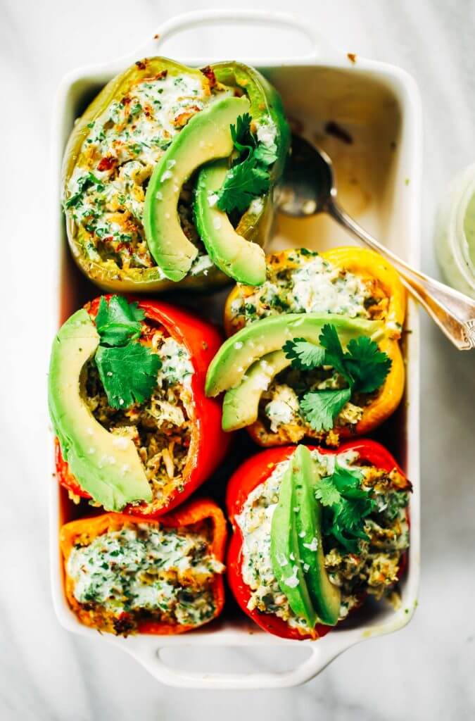 Ranch stuffed bell peppers. A quick whole30 and paleo meal for the whole family! Stuffed with cauliflower rice, shredded chicken, spicy jalapeno and cilantro sauce. Easy whole30 dinner recipes. Easy whole30 dinner recipes. Whole30 recipes. Whole30 lunch. Whole30 meal planning. Whole30 meal prep. Healthy paleo meals. Healthy Whole30 recipes. Easy Whole30 recipes. Easy whole30 dinner recipes.