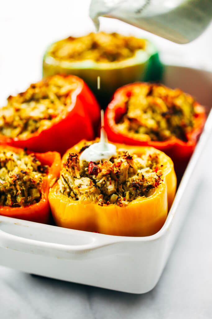 Ranch stuffed bell peppers. A quick whole30 and paleo meal for the whole family! Stuffed with cauliflower rice, shredded chicken, spicy jalapeno and cilantro sauce. Easy whole30 dinner recipes. Easy whole30 dinner recipes. Whole30 recipes. Whole30 lunch. Whole30 meal planning. Whole30 meal prep. Healthy paleo meals. Healthy Whole30 recipes. Easy Whole30 recipes. Easy whole30 dinner recipes.