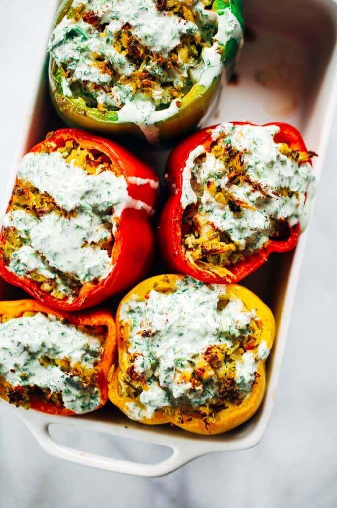 Ranch stuffed bell peppers. A quick whole30 and paleo meal for the whole family! Stuffed with cauliflower rice, shredded chicken, spicy jalapeno and cilantro sauce. Easy whole30 dinner recipes. Easy whole30 dinner recipes. Whole30 recipes. Whole30 lunch. Whole30 meal planning. Whole30 meal prep. Healthy paleo meals. Healthy Whole30 recipes. Easy Whole30 recipes. Easy whole30 dinner recipes.