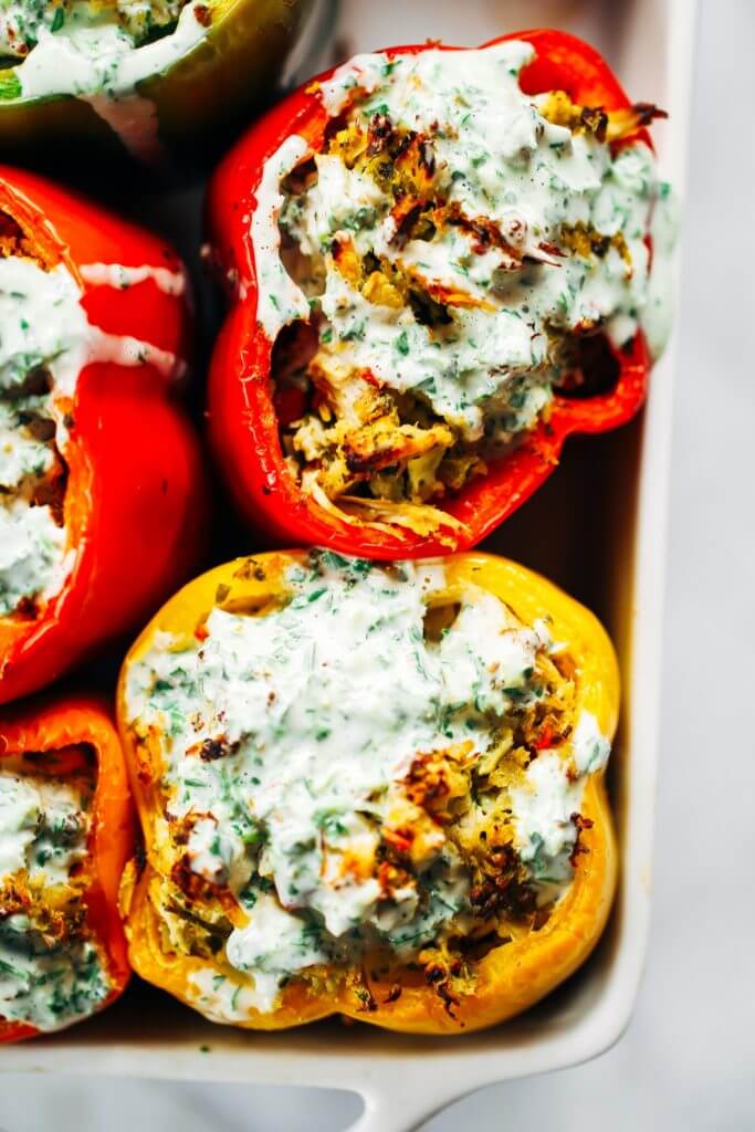 Ranch stuffed bell peppers. A quick whole30 and paleo meal for the whole family! Stuffed with cauliflower rice, shredded chicken, spicy jalapeno and cilantro sauce. Easy whole30 dinner recipes. Easy whole30 dinner recipes. Whole30 recipes. Whole30 lunch. Whole30 meal planning. Whole30 meal prep. Healthy paleo meals. Healthy Whole30 recipes. Easy Whole30 recipes. Easy whole30 dinner recipes.