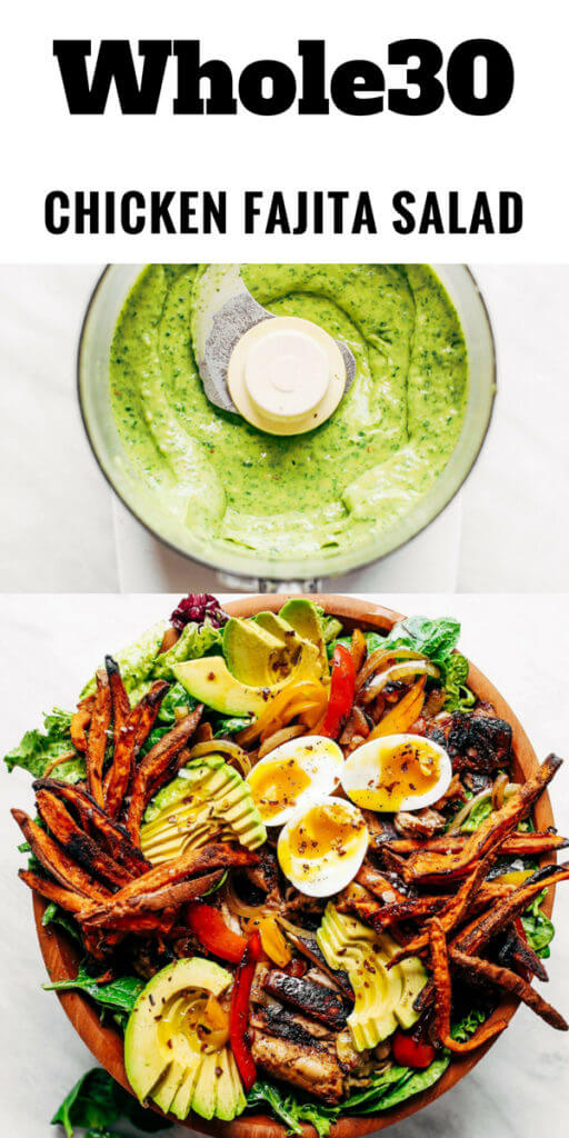 Grilled Garlic Lime Chicken Fajita Salad loaded with crispy sweet potato fries, grilled chicken, and topped with creamy avocado dressing made in the blender! Paleo, whole30, and makes for easy meal prep! Whole30 meal plan that's quick and healthy! Whole30 recipes just for you. Whole30 meal planning. Whole30 meal prep. Healthy paleo meals. Healthy Whole30 recipes. Easy Whole30 recipes. Best paleo dinner recipes.