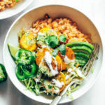 Spicy buffalo cauliflower rice plantain slaw bowls made with crispy french fry-like fried plantains, spicy buffalo cauliflower rice, and cilantro lime slaw. A fresh, zesty meal that's whole30 and paleo friendly. whole30 meal plan. Easy whole30 dinner recipes. Easy whole30 dinner recipes. Whole30 recipes. Whole30 lunch. Whole30 meal planning. Whole30 meal prep. Healthy paleo meals. Healthy Whole30 recipes. Easy Whole30 recipes. Easy whole30 dinner recipes.