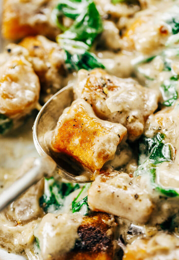 This is the most delicious! 2 Ingredient Paleo Sweet Potato Gnocchi in Spinach Cream Sauce. This recipe can be made ahead and frozen. Easy whole30 dinner recipes. Easy whole30 dinner recipes. Whole30 recipes. Whole30 lunch. Whole30 meal planning. Whole30 meal prep. Healthy paleo meals. Healthy Whole30 recipes. Easy Whole30 recipes. Easy whole30 dinner recipes.