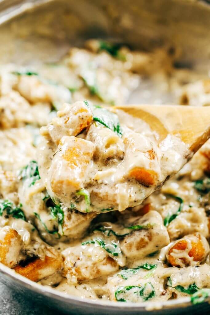 This is the most delicious! 2 Ingredient Paleo Sweet Potato Gnocchi in Spinach Cream Sauce. This recipe can be made ahead and frozen. Easy whole30 dinner recipes. Easy whole30 dinner recipes. Whole30 recipes. Whole30 lunch. Whole30 meal planning. Whole30 meal prep. Healthy paleo meals. Healthy Whole30 recipes. Easy Whole30 recipes. Easy whole30 dinner recipes.