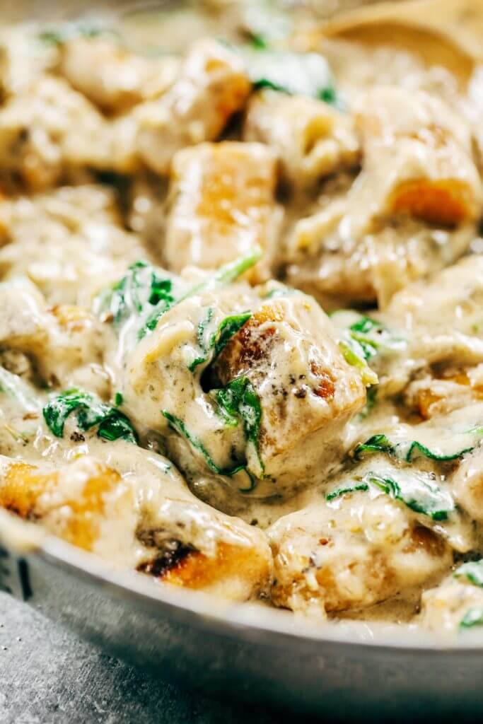 This is the most delicious! 2 Ingredient Paleo Sweet Potato Gnocchi in Spinach Cream Sauce. This recipe can be made ahead and frozen. Easy whole30 dinner recipes. Easy whole30 dinner recipes. Whole30 recipes. Whole30 lunch. Whole30 meal planning. Whole30 meal prep. Healthy paleo meals. Healthy Whole30 recipes. Easy Whole30 recipes. Easy whole30 dinner recipes.