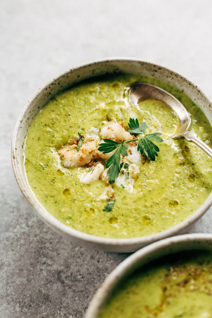 Creamy broccoli chowder with herb crusted cod. The perfect creamy and cozy soup for moody spring days. Paleo, dairy free, and whole30. Can be made ahead and frozen! Paleo soup. Whole30 soup recipe. Easy whole30 dinner recipes. Whole30 recipes. Whole30 lunch. Whole30 meal planning. Whole30 meal prep. Healthy paleo meals. Healthy Whole30 recipes. Easy Whole30 recipes. Easy whole30 dinner recipes.