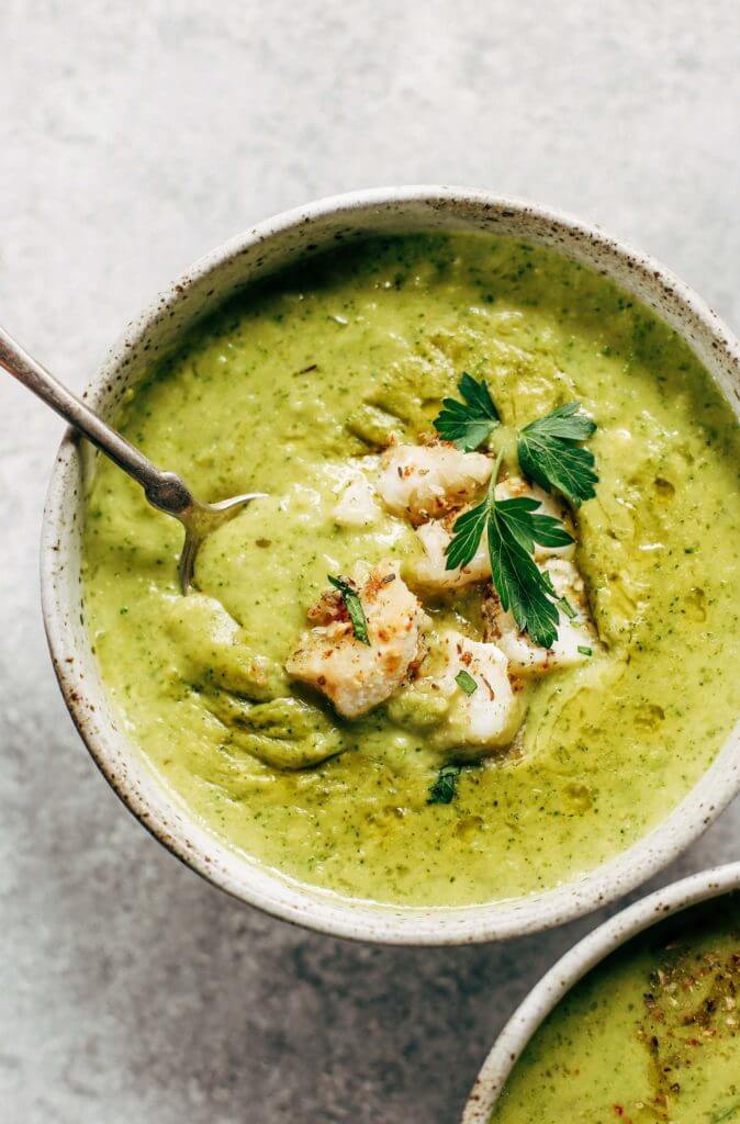 Creamy broccoli chowder with herb crusted cod. The perfect creamy and cozy soup for moody spring days. Paleo, dairy free, and whole30. Can be made ahead and frozen! Paleo soup. Whole30 soup recipe. Easy whole30 dinner recipes. Whole30 recipes. Whole30 lunch. Whole30 meal planning. Whole30 meal prep. Healthy paleo meals. Healthy Whole30 recipes. Easy Whole30 recipes. Easy whole30 dinner recipes.