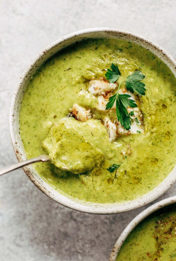 Creamy broccoli chowder with herb crusted cod. The perfect creamy and cozy soup for moody spring days. Paleo, dairy free, and whole30. Can be made ahead and frozen! Paleo soup. Whole30 soup recipe. Easy whole30 dinner recipes. Whole30 recipes. Whole30 lunch. Whole30 meal planning. Whole30 meal prep. Healthy paleo meals. Healthy Whole30 recipes. Easy Whole30 recipes. Easy whole30 dinner recipes.