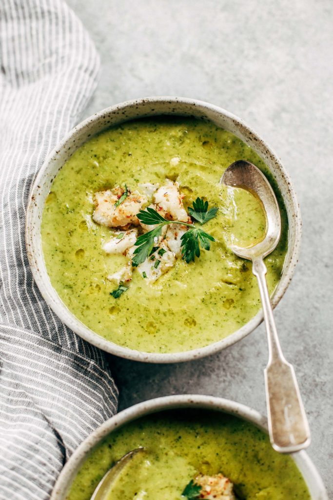 Creamy broccoli chowder with herb crusted cod. The perfect creamy and cozy soup for moody spring days. Paleo, dairy free, and whole30. Can be made ahead and frozen! Paleo soup. Whole30 soup recipe. Easy whole30 dinner recipes. Whole30 recipes. Whole30 lunch. Whole30 meal planning. Whole30 meal prep. Healthy paleo meals. Healthy Whole30 recipes. Easy Whole30 recipes. Easy whole30 dinner recipes.