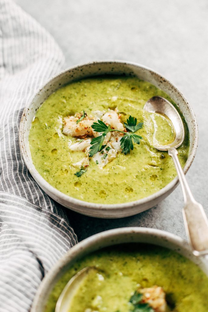 Creamy broccoli chowder with herb crusted cod. The perfect creamy and cozy soup for moody spring days. Paleo, dairy free, and whole30. Can be made ahead and frozen! Paleo soup. Whole30 soup recipe. Easy whole30 dinner recipes. Whole30 recipes. Whole30 lunch. Whole30 meal planning. Whole30 meal prep. Healthy paleo meals. Healthy Whole30 recipes. Easy Whole30 recipes. Easy whole30 dinner recipes.