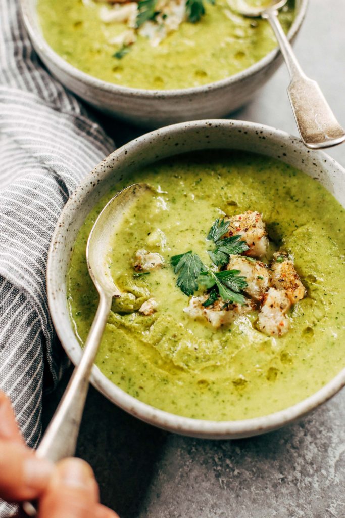 Creamy broccoli chowder with herb crusted cod. The perfect creamy and cozy soup for moody spring days. Paleo, dairy free, and whole30. Can be made ahead and frozen! Paleo soup. Whole30 soup recipe. Easy whole30 dinner recipes. Whole30 recipes. Whole30 lunch. Whole30 meal planning. Whole30 meal prep. Healthy paleo meals. Healthy Whole30 recipes. Easy Whole30 recipes. Easy whole30 dinner recipes.