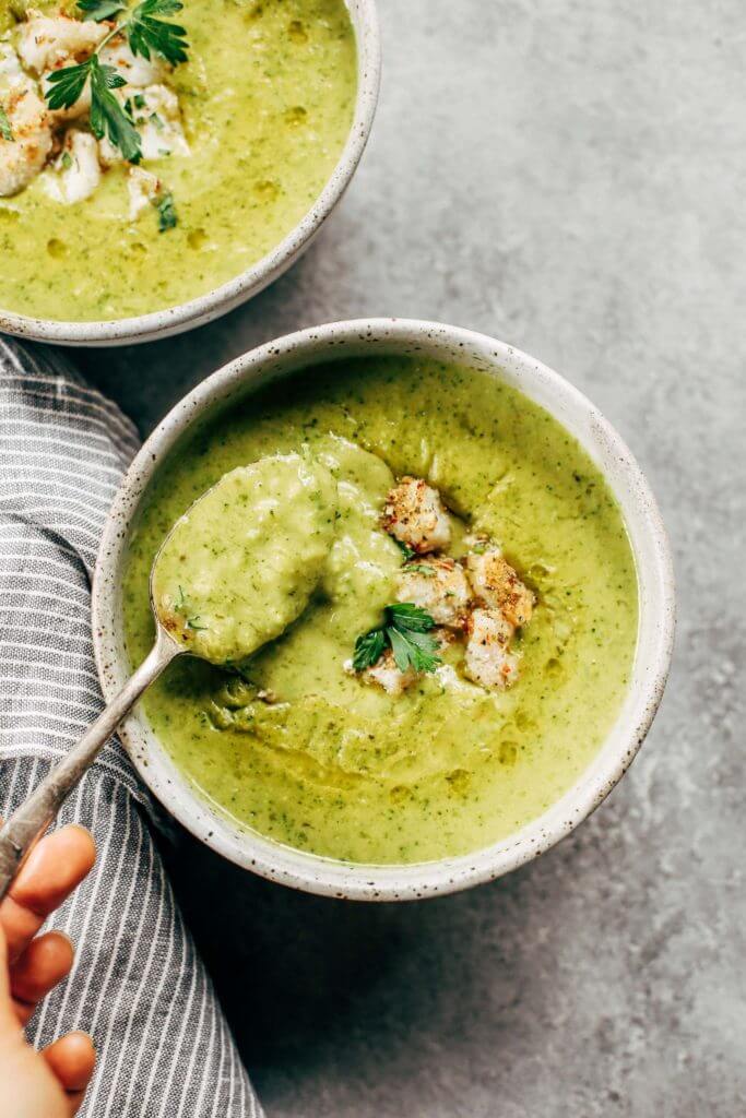 Creamy broccoli chowder with herb crusted cod. The perfect creamy and cozy soup for moody spring days. Paleo, dairy free, and whole30. Can be made ahead and frozen! Paleo soup. Whole30 soup recipe. Easy whole30 dinner recipes. Whole30 recipes. Whole30 lunch. Whole30 meal planning. Whole30 meal prep. Healthy paleo meals. Healthy Whole30 recipes. Easy Whole30 recipes. Easy whole30 dinner recipes.