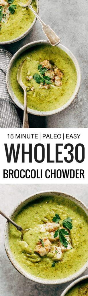 Creamy broccoli chowder with herb crusted cod. The perfect creamy and cozy soup for moody spring days. Paleo, dairy free, and whole30. Can be made ahead and frozen! Paleo soup. Whole30 soup recipe. Easy whole30 dinner recipes. Whole30 recipes. Whole30 lunch. Whole30 meal planning. Whole30 meal prep. Healthy paleo meals. Healthy Whole30 recipes. Easy Whole30 recipes. Easy whole30 dinner recipes.