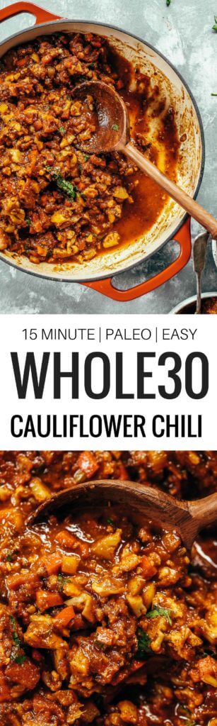 Chili made with cauliflower- paleo, whole30, vegan. Full of flavor, healthy, and satisfying. The kind of home-cooked meal that makes you all comfy inside. Recipe can be made ahead and frozen. Best Paleo chili. Best whole30 chili. Easy whole30 dinner recipes. Easy whole30 dinner recipes. Whole30 recipes. Whole30 lunch. Whole30 meal planning. Whole30 meal prep. Healthy paleo meals. Healthy Whole30 recipes. Easy Whole30 recipes. Easy whole30 dinner recipes.