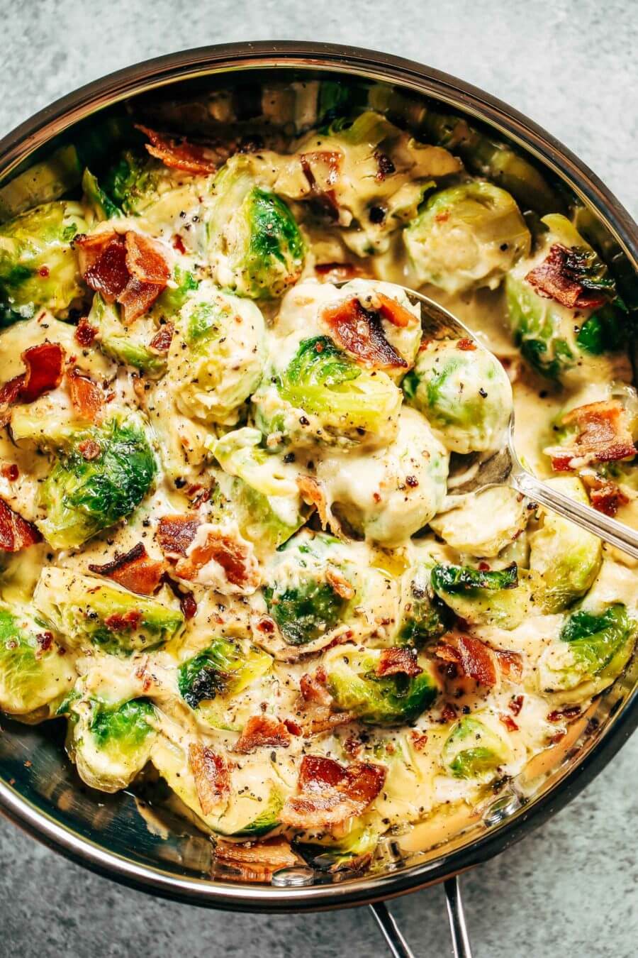 Creamy Cauliflower Bacon Garlic Brussel Sprouts