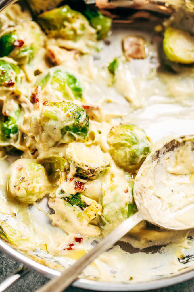 Creamy bacon brussel sprouts in cauliflower cream sauce! This dish is outstanding all on it’s own or can be paired with another side of greens. It’s a family favorite! Gluten free, dairy free, paleo, and whole30. Easy whole30 dinner recipes. Whole30 recipes. Whole30 lunch. Whole30 recipes just for you. Whole30 meal planning. Whole30 meal prep. Healthy paleo meals. Healthy Whole30 recipes. Easy Whole30 recipes.