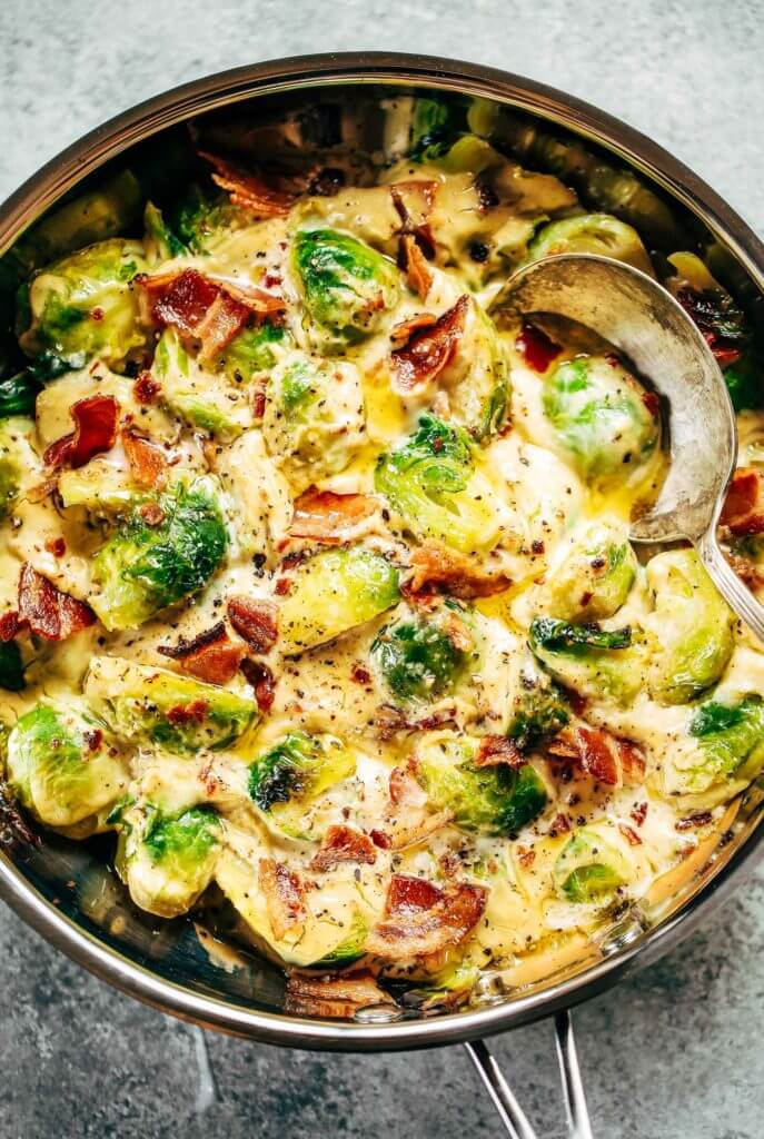 Creamy bacon brussel sprouts in cauliflower cream sauce! This dish is outstanding all on it’s own or can be paired with another side of greens. It’s a family favorite! Gluten free, dairy free, paleo, and whole30. Easy whole30 dinner recipes. Whole30 recipes. Whole30 lunch. Whole30 recipes just for you. Whole30 meal planning. Whole30 meal prep. Healthy paleo meals. Healthy Whole30 recipes. Easy Whole30 recipes.