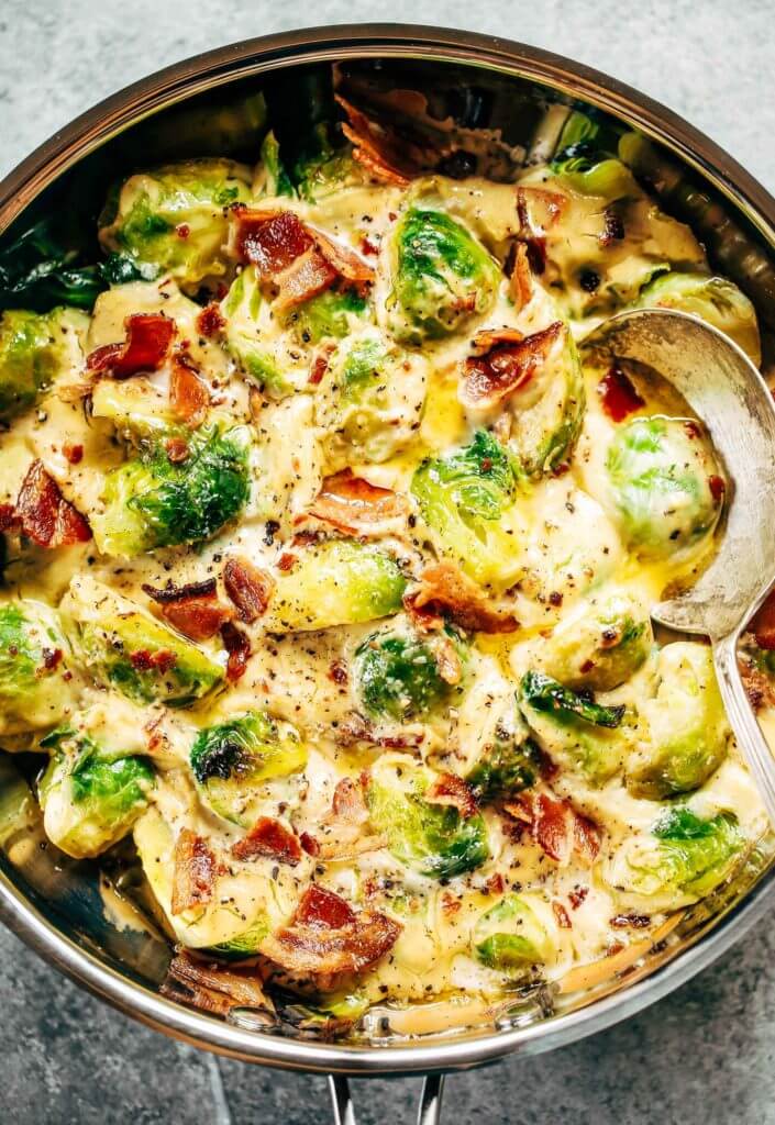 Creamy bacon brussel sprouts in cauliflower cream sauce! This dish is outstanding all on it’s own or can be paired with another side of greens. It’s a family favorite! Gluten free, dairy free, paleo, and whole30. Easy whole30 dinner recipes. Whole30 recipes. Whole30 lunch. Whole30 recipes just for you. Whole30 meal planning. Whole30 meal prep. Healthy paleo meals. Healthy Whole30 recipes. Easy Whole30 recipes.