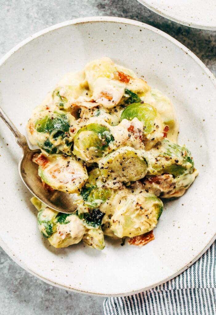 Creamy bacon brussel sprouts in cauliflower cream sauce! This dish is outstanding all on it’s own or can be paired with another side of greens. It’s a family favorite! Gluten free, dairy free, paleo, and whole30. Easy whole30 dinner recipes. Whole30 recipes. Whole30 lunch. Whole30 recipes just for you. Whole30 meal planning. Whole30 meal prep. Healthy paleo meals. Healthy Whole30 recipes. Easy Whole30 recipes.