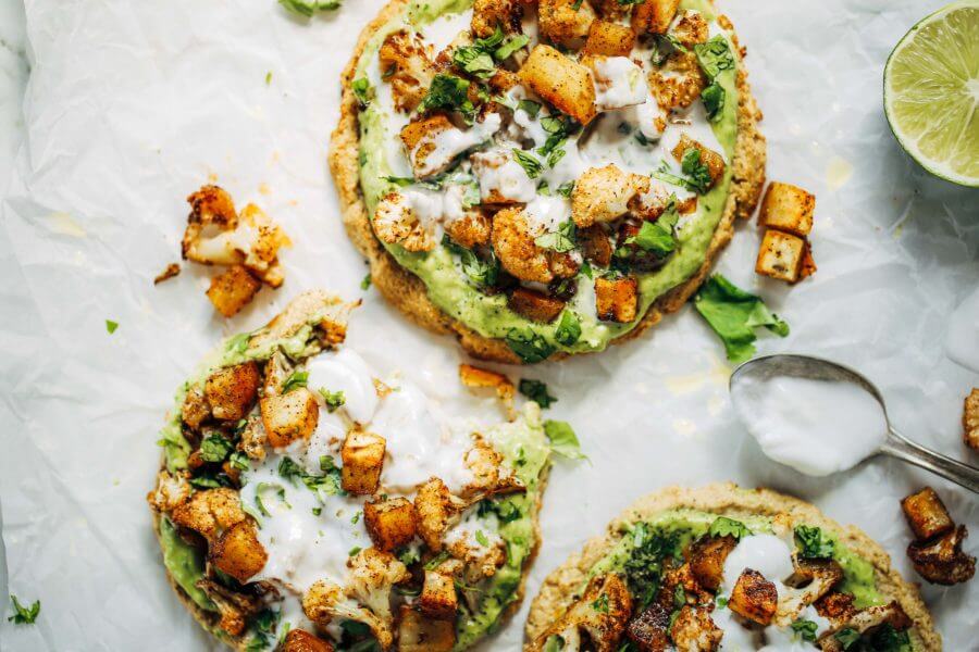 Roasted Veggie Paleo Cauliflower Pitas With Avocado Crema