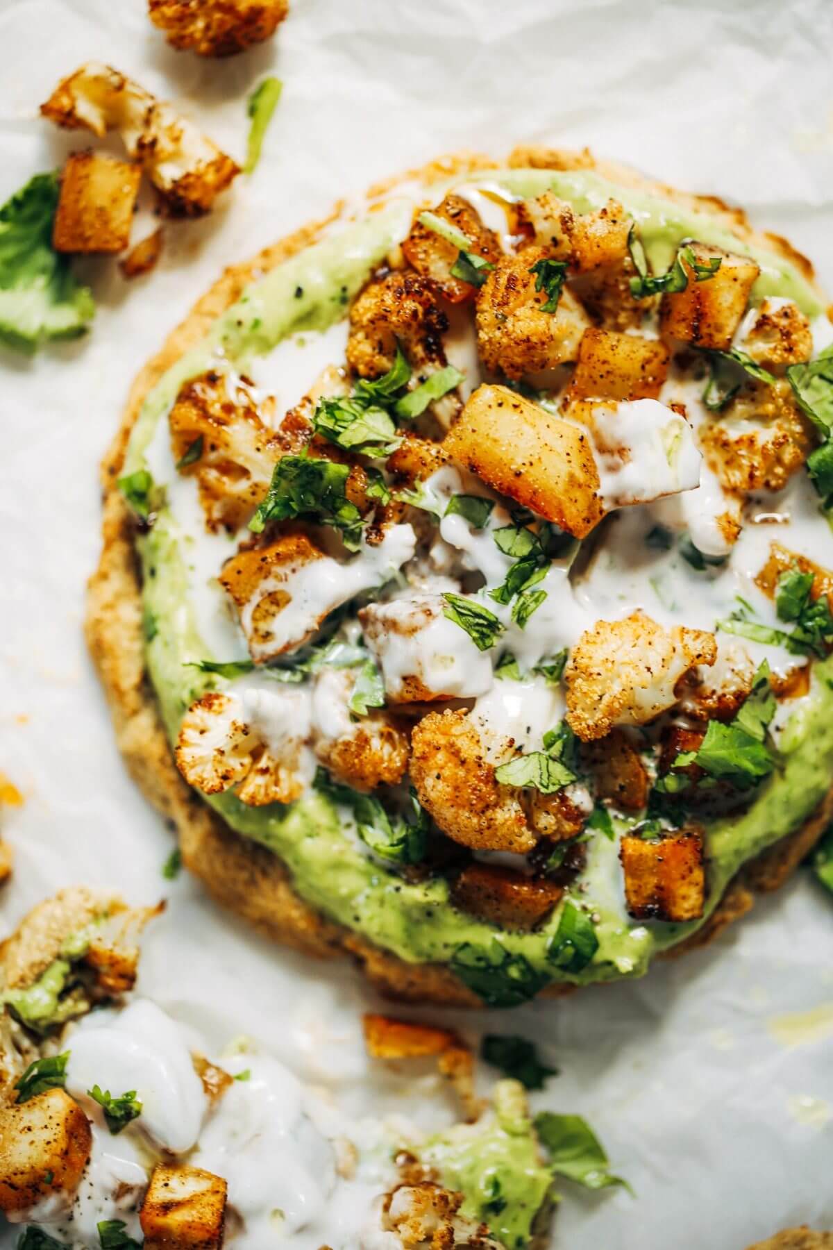 Roasted Veggie Paleo Cauliflower Pitas With Avocado Crema Paleo