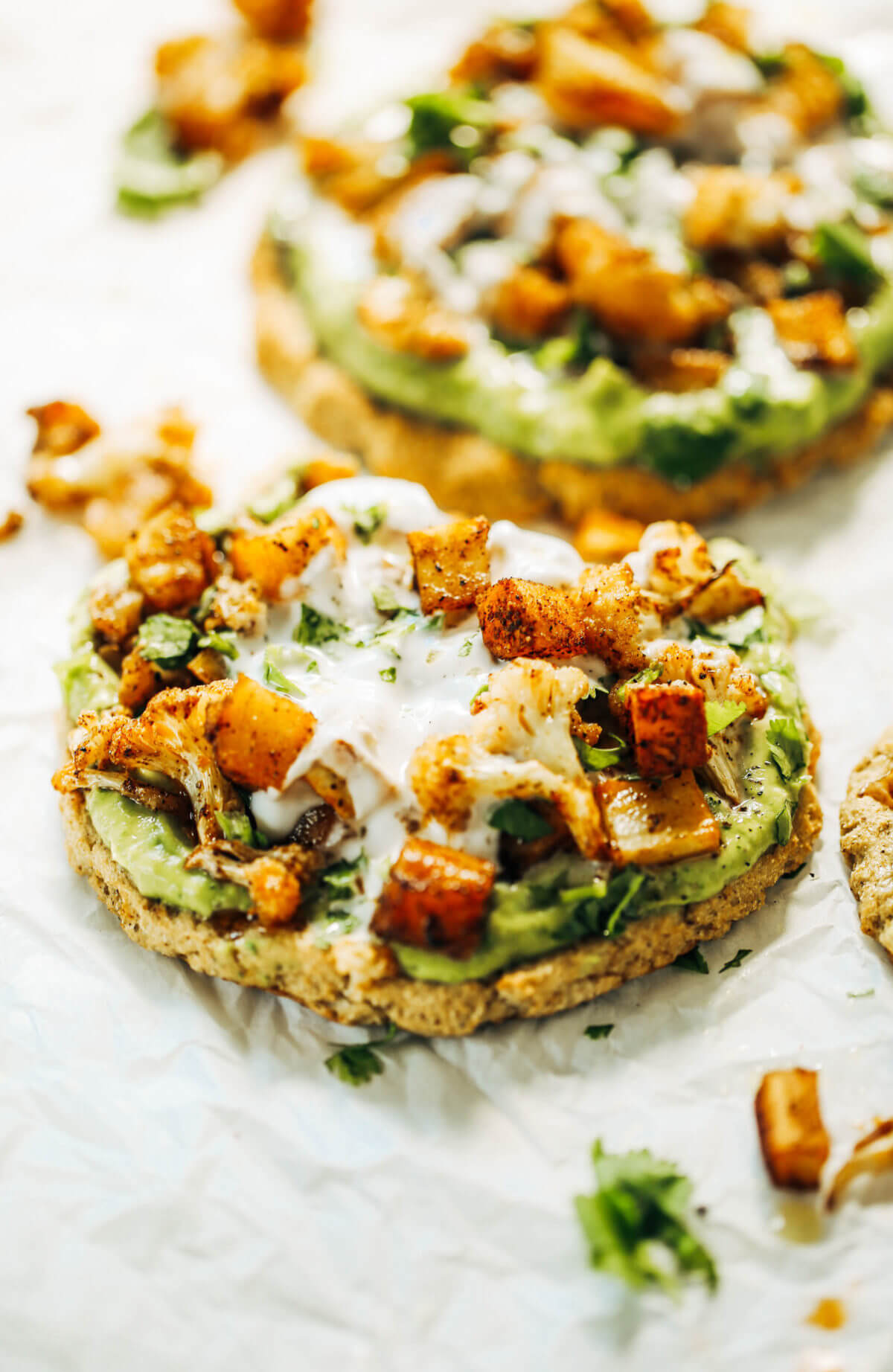 Roasted Veggie Paleo Cauliflower Pitas With Avocado Crema Paleo