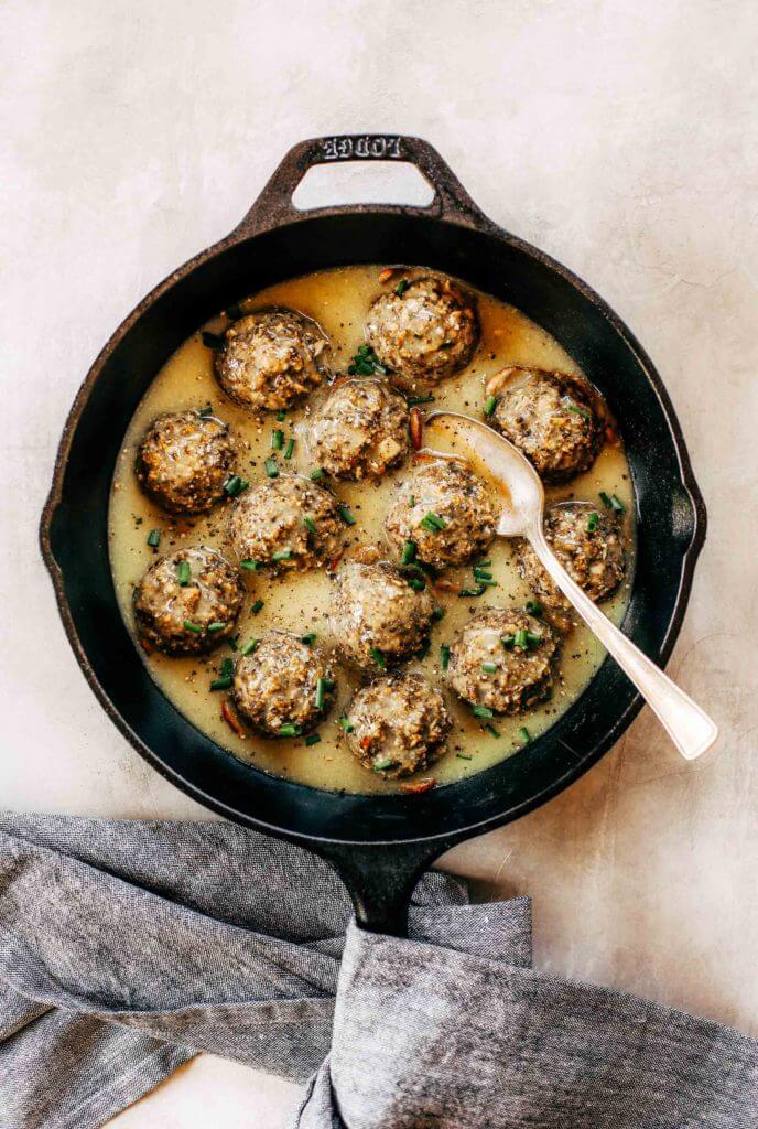 Meatless swedish meatballs made with cauliflower and white sweet potato! These are the best- served with creamy herb sauce. Paleo, dairy free, and whole30 friendly. Made in minutes in the food processor. An easy family friendly dinner recipe. Easy whole30 dinner recipes. Whole30 recipes. Whole30 lunch. Whole30 recipes just for you. Whole30 meal planning. Whole30 meal prep. Healthy paleo meals. Healthy Whole30 recipes. Easy Whole30 recipes.