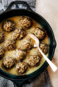 Meatless swedish meatballs made with cauliflower and white sweet potato! These are the best- served with creamy herb sauce. Paleo, dairy free, and whole30 friendly. Made in minutes in the food processor. An easy family friendly dinner recipe. Easy whole30 dinner recipes. Whole30 recipes. Whole30 lunch. Whole30 recipes just for you. Whole30 meal planning. Whole30 meal prep. Healthy paleo meals. Healthy Whole30 recipes. Easy Whole30 recipes.