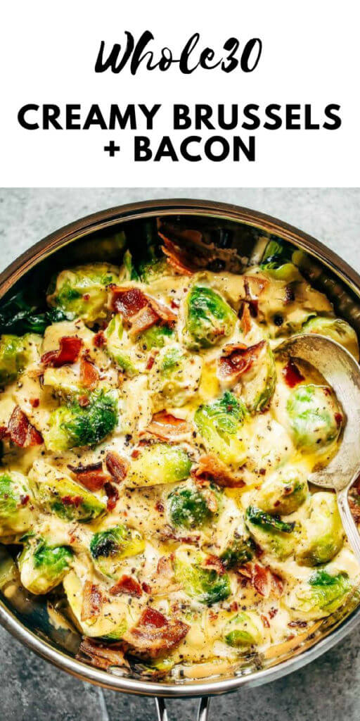 Creamy bacon brussel sprouts in cauliflower cream sauce! This dish is outstanding all on it’s own or can be paired with another side of greens. It’s a family favorite! Gluten free, dairy free, paleo, and whole30. Easy whole30 dinner recipes. Whole30 recipes. Whole30 lunch. Whole30 recipes just for you. Whole30 meal planning. Whole30 meal prep. Healthy paleo meals. Healthy Whole30 recipes. Easy Whole30 recipes.