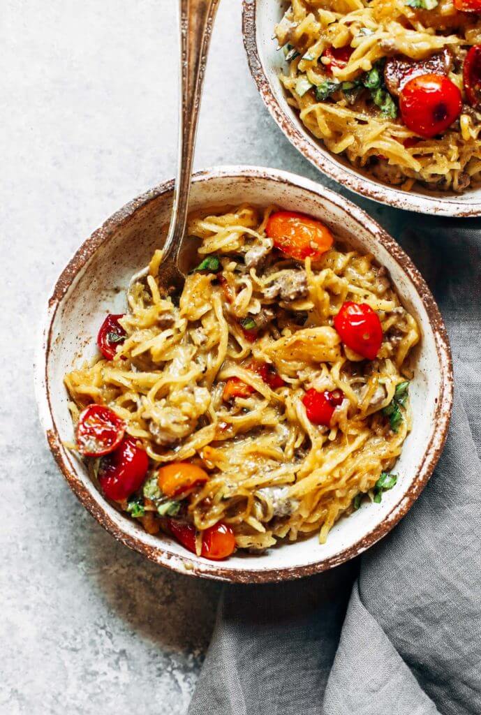 Easy family dinner idea- whole30 spaghetti noodles with ground beef, tomatoes, and cream sauce. A healthy paleo meal that is warm, comforting, and easy to make! Whole30 dinner done right. Whole30 recipes. Whole30 Trader Joes. Easy whole30 dinner recipes. Whole30 beef recipes. Quick whole30 dinner. #whole30 #paleorecipes #healthydinners Quick paleo dinners. Whole30 rules.
