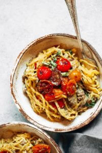 Easy family dinner idea- whole30 spaghetti noodles with ground beef, tomatoes, and cream sauce. A healthy paleo meal that is warm, comforting, and easy to make! Whole30 dinner done right. Whole30 recipes. Whole30 Trader Joes. Easy whole30 dinner recipes. Whole30 beef recipes. Quick whole30 dinner. #whole30 #paleorecipes #healthydinners Quick paleo dinners. Whole30 rules.