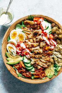 Fresh and easy Caesar Cobb salad. Made with grilled chicken, avocado, bacon, all the toppings, and creamy sauce! A fast and tasty whole30 and paleo family dinner recipe for meal prep. Whole30 rules. Whole30 recipes. Whole30 dinner. Paleo dinner recipes ideas. Summer salads. How to grill chicken. Paleo recipes for beginners. Paleo diet recipes.