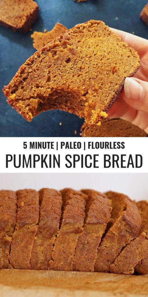 Craving pumpkin bread? Well, I have something better for you to try... This sweet potato bread is like thanksgiving in a loaf pan, you're welcome. This is how I tried to make bread using sweet potatoes instead of flour. Paleo pumpkin spice bread made in just a few minutes using sweet potatoes! Easy gluten free pumpkin bread recipe. #paleo #pumpkinspice #bread #baking