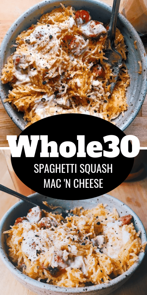 Low calorie whole30 mac 'n cheese made with spaghetti squash and cashew coconut cheese sauce. Feelin' like a kid again with this healthy bowl of paleo noodles, hot dogs, and cheese sauce. #paleo #pasta #whole30