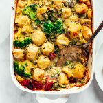 Baked cauliflower gnocchi casserole- made with homemade two ingredient cauliflower gnocchi and rosemary sage cream sauce. Paleo, gluten free, and dairy free family dinner. This casserole is perfect for breakfast or dinner! Easy whole30 dinner recipes. Whole30 meal prep. Best paleo dinners. #paleo